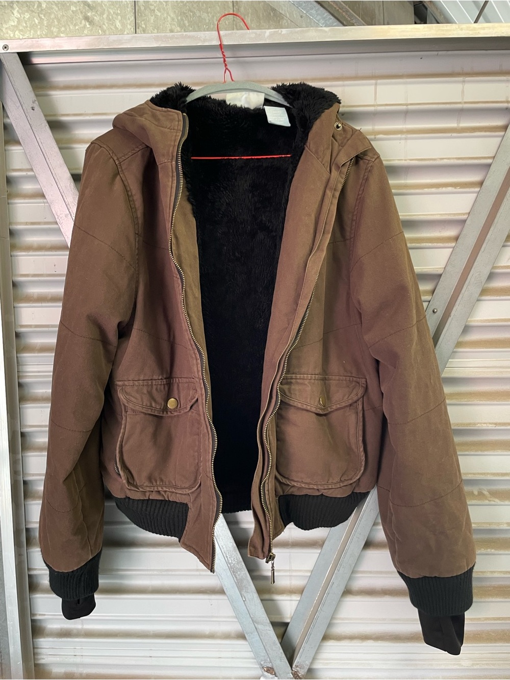 Vintage Gotcha Girl Brown Canvas Hooded Bomber Jacket Sherpa Lined Size L